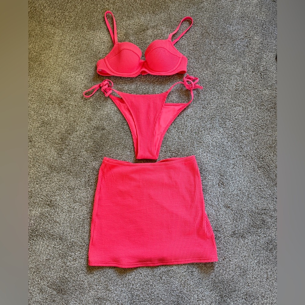 Hot Pink Ribbed Bikini Set with Skirt